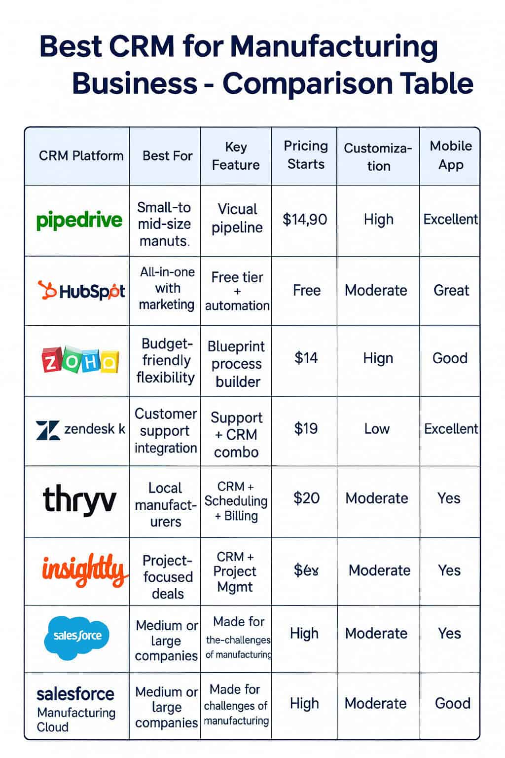 Best CRM for Manufacturing Business - Comparison Table