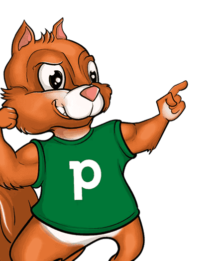 A friendly cartoon squirrel mascot wearing a green shirt with a "p" logo, pointing to the right, representing Pipedrive CRM expertise and consulting services.