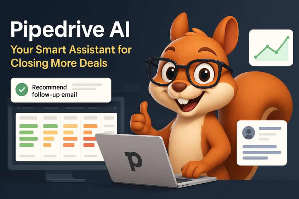 Pipedrive AI chatbot mascot with glasses giving a thumbs-up in front of sales and CRM analytics graphics for Pipedrive CRM experts and consultants SEO content.