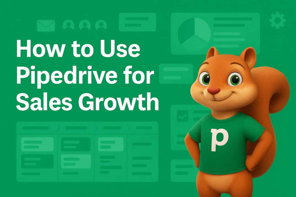 Pipedrive CRM tutorial featuring Pipedrive mascot, showcasing how to use Pipedrive for sales growth with visual tools and features.