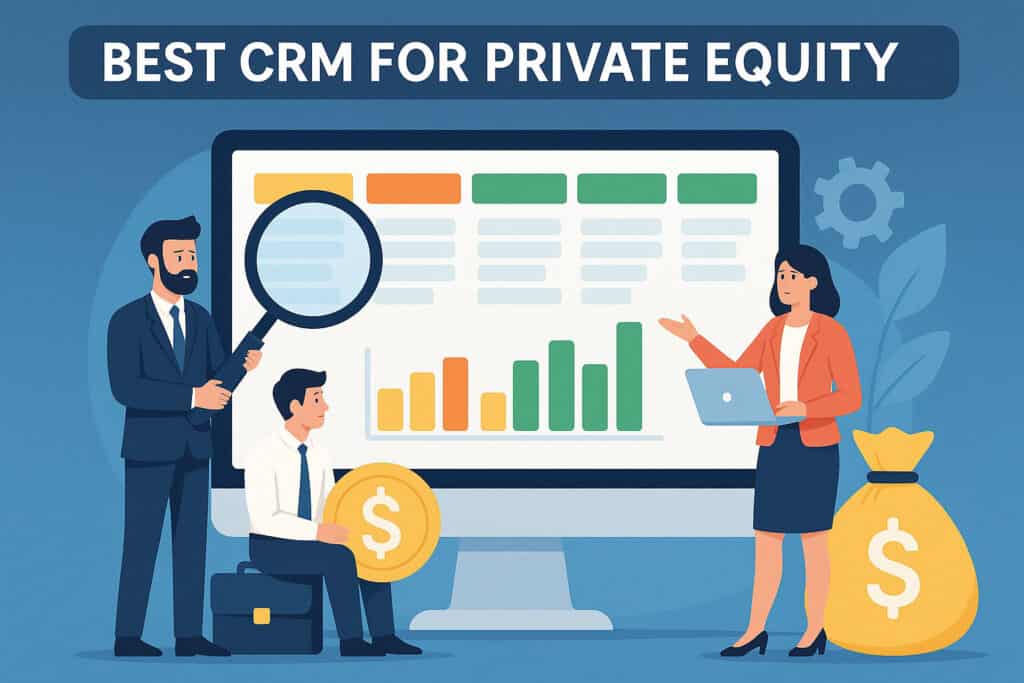 An illustration of a business team analyzing CRM data on a large screen, highlighting the importance of private equity CRM solutions for investment management and client tracking.