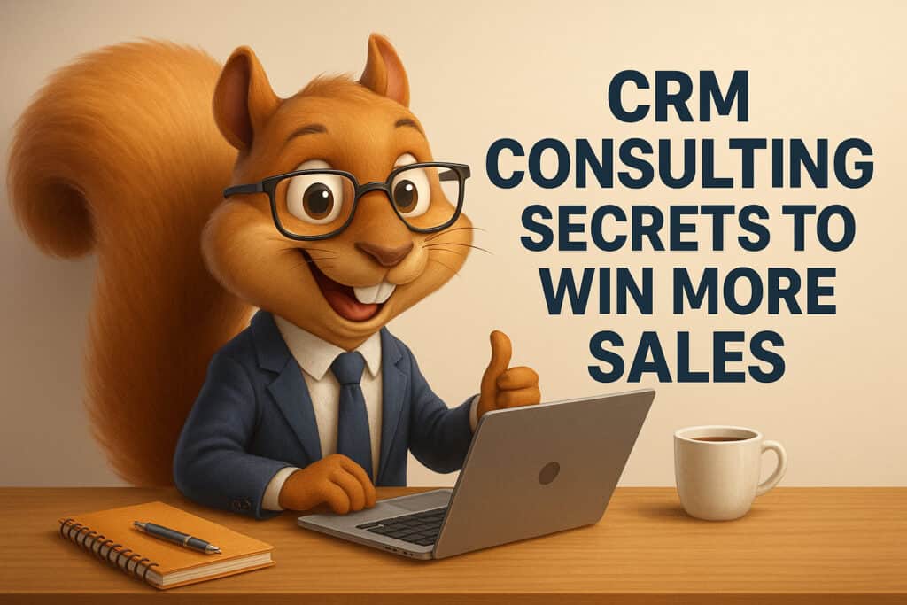 Innovative squirrel mascot with glasses working on a laptop, representing CRM consulting services to help businesses increase sales through Pipedrive CRM expertise.