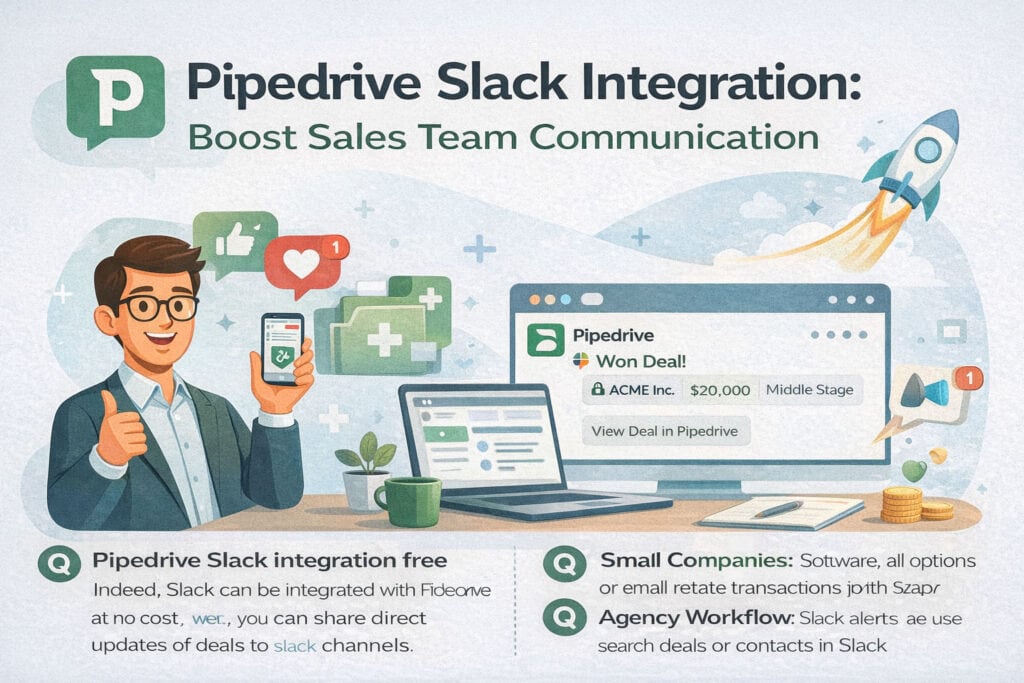 Efficient Pipedrive and Slack integration boosting sales team communication and collaboration, with deal notifications, chat channels, and workflow automation for small to mid-sized companies.