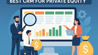 An illustration of a business team analyzing CRM data on a large screen, highlighting the importance of private equity CRM solutions for investment management and client tracking.