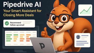 Pipedrive AI chatbot mascot with glasses giving a thumbs-up in front of sales and CRM analytics graphics for Pipedrive CRM experts and consultants SEO content.